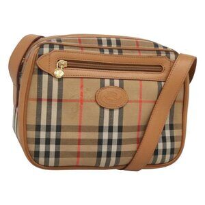 Authentic Burberrys Nova Check Shoulder Bag Canvas Beige Gold